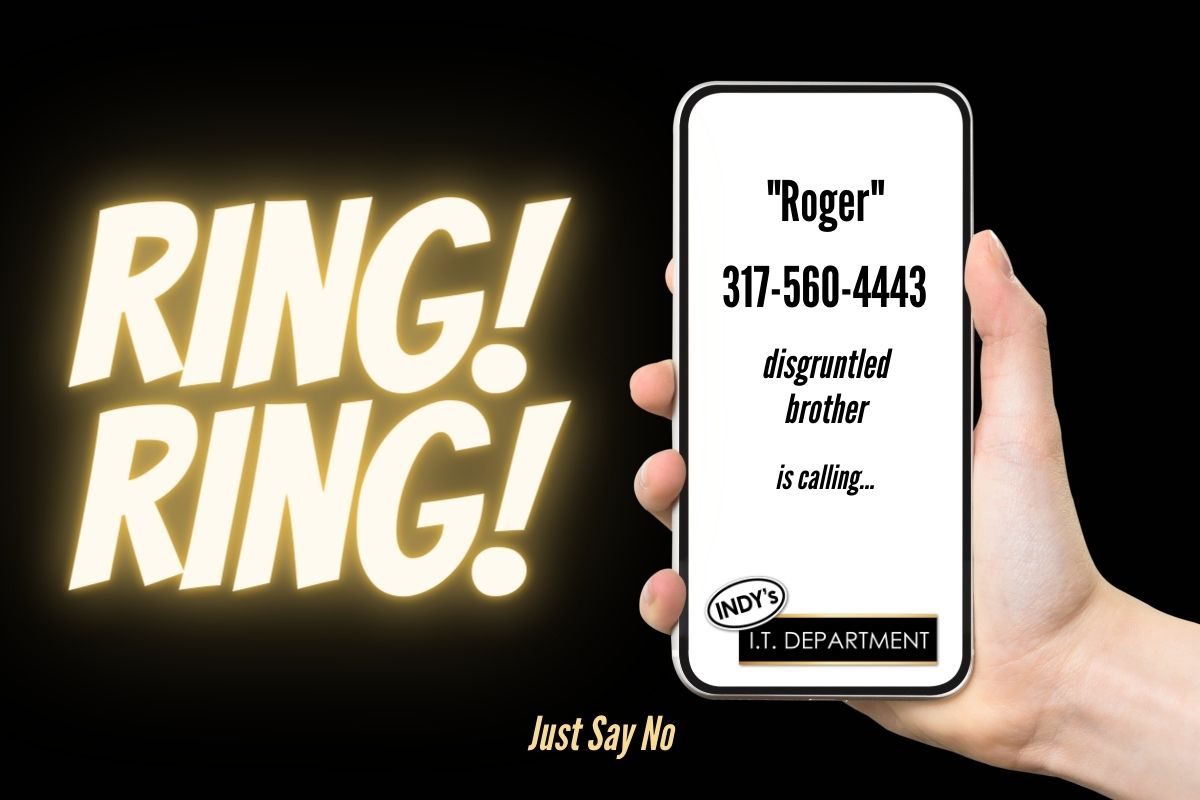 Caucasian hand holding a smartphone with text on it against a black background. Backlit text that says "ring ring" is on the left. The title of the blog is on the bottom.