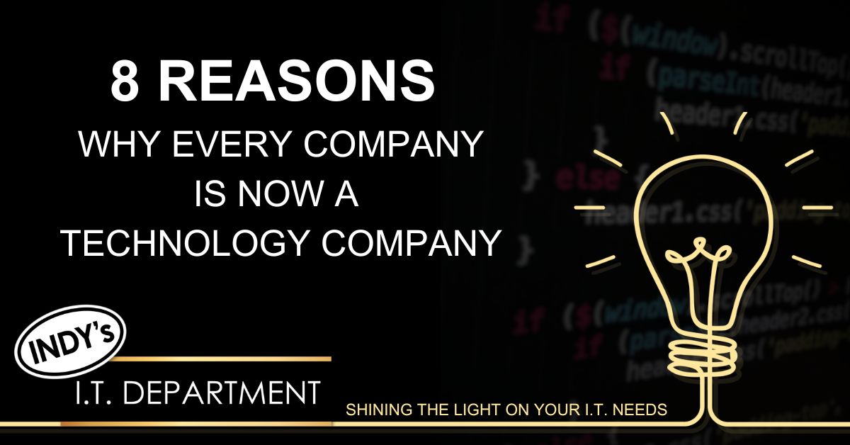 Blog Featured image with yellow hand drawn lightbulb in the lower right hand corner. contains a text overlay that says, "8 reasons why every company is now a technology company".
