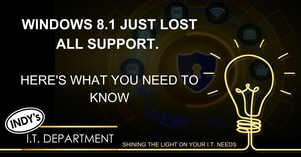 Blog Featured image with yellow hand drawn lightbulb in the lower right hand corner. contains a text overlay that says, "Windows 8.1 just lost all support. What you need to know".