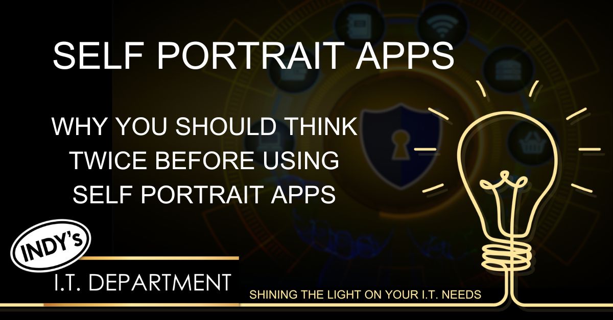Blog Featured image with yellow hand drawn lightbulb in the lower right hand corner. contains a text overlay that says, "Self portrait apps. why you should think twice before using self portrait apps".
