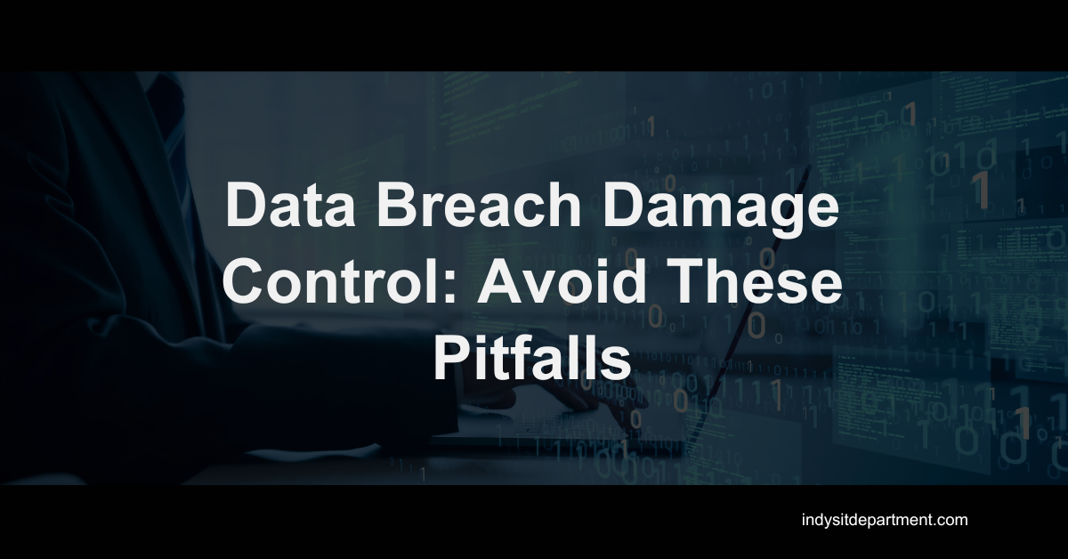 A person in a dark business suit typing on a laptop, with overlay text that reads “Data Breach Damage Control: Avoid These Pitfalls” and a digital background of code and binary numbers