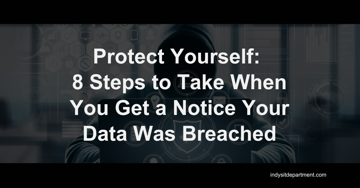 A hooded hacker in front of a laptop with digital security icons overlaying the background, emphasizing the importance of taking steps after a data breach notification.